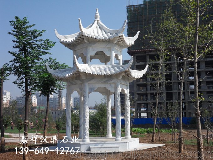 漢白玉石雕涼亭 晚霞紅石雕亭子 石雕涼亭走廊圖片