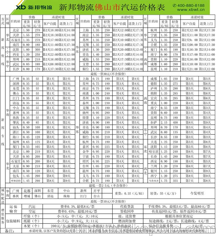 新邦物流价格表 