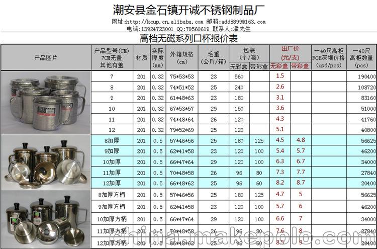 开诚无磁口杯报价表_750