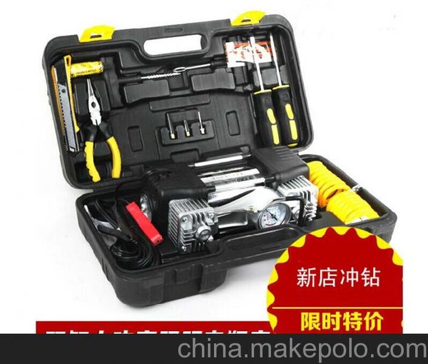 出售汽車(chē)輪胎充氣泵照明套裝警示燈雙缸車(chē)載補胎壓表汽車(chē)打氣泵新款圖片