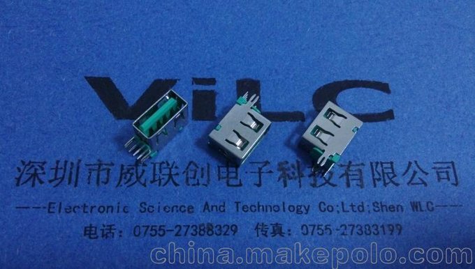 彩色USB母座-側(cè)插短體10.0USB 綠色膠芯 兩魚叉固定腳 無(wú)卷邊圖片