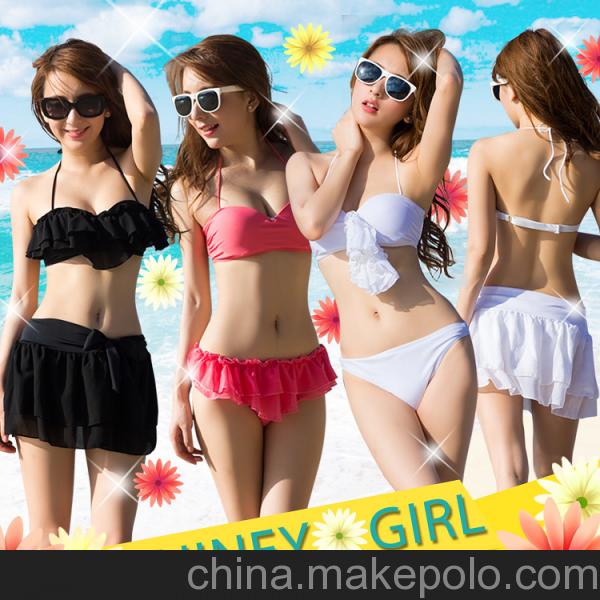herfair純色鑲多用雪紡荷葉邊半杯鋼托比基尼+雪紡雙層裙三件套