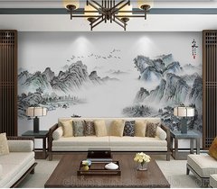 新中式水墨山水背景 酒店宾馆电视背景墙壁画 墙纸墙布厂家批发