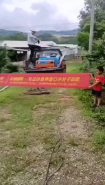 云南临沧市赛姆乐正在施肥中，两个小朋友拉着条幅做宣传